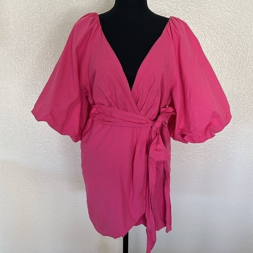Pink Puff Sleeve with Tie Belt Mini Dress Size Large - Picture 6 of 14